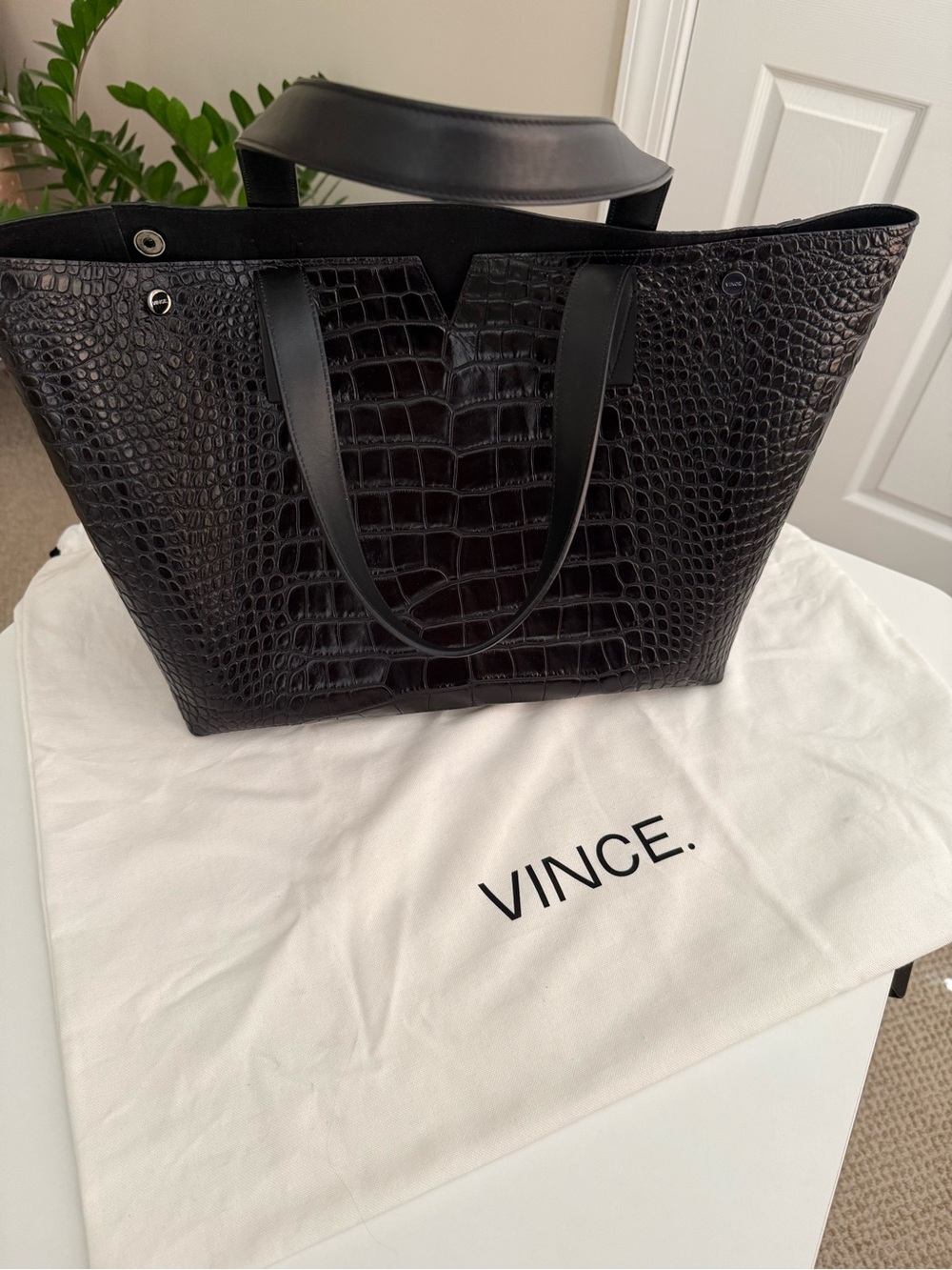 Vince Black Croc-Embossed Tote